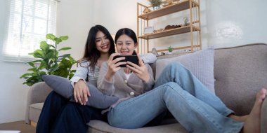 Mutlu lezbiyen çift evde dinlenirken online alışveriş için akıllı telefon kullanıyor. Modern dekorlu rahat bir oturma odası..