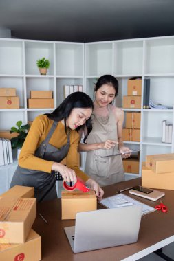 İki arkadaş kutu paketliyor ve bir dizüstü bilgisayarla modern bir ev ofisinden raflı ve bitkili ürünler satıyor..