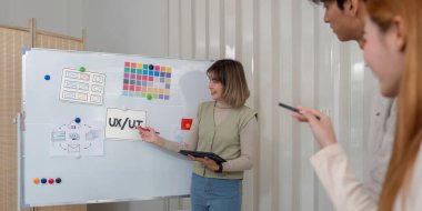 UX geliştiricileri ve UI tasarımcılarından oluşan bir ekip, yaratıcı işbirliği için beyaz tahta ve dijital araçlar kullanarak modern bir ofiste fikirler üzerinde beyin fırtınası yapıyorlar..