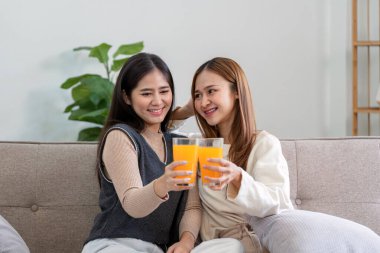 Mutlu lezbiyen bir çift kanepede oturuyor, sıcak bir yuva ortamında bir bardak portakal suyuyla keyifli bir anı paylaşıyorlar..