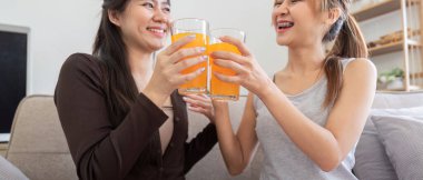 Lezbiyen ilişkilerinde gülümseyen iki kadın, rahat oturma odalarında portakal suyu içerken keyifli bir anı paylaşıyorlar..