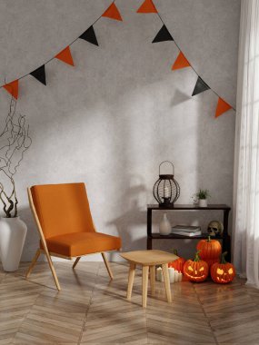 Bir sandalye, kriko-fenerler, ve bunting, turuncu ve siyah aksanları ile sıcak ve davetkar bir Cadılar Bayramı ayarı oluşturan, rahat bir köşe üç boyutlu yorumlama.