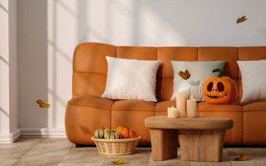 İçinde balkabağı, mum ve kabak bulunan turuncu bir kanepe olan 3 boyutlu bir oturma odası, Cadılar Bayramı atmosferi yaratıyor..