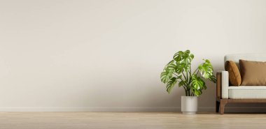 Minimalist bir kanepe ve Monstera bitkisinin yer aldığı, biyofilik tasarım eğilimlerini vurgulayan, modern bir oturma odasının 3 boyutlu bir canlandırması..