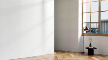 Çağdaş basitlik eğilimlerini vurgulayarak, ahşap döşeme ve bol doğal ışık ile minimalist bir iç köşeyi gösteren üç boyutlu bir tasvir.