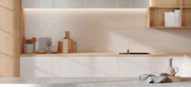 Modern bir mutfak sergilenen minimalist tasarım, nötr tonlar ve ahşap aksanlar, çağdaş iç eğilimleri yansıtan üç boyutlu bir tasarım..