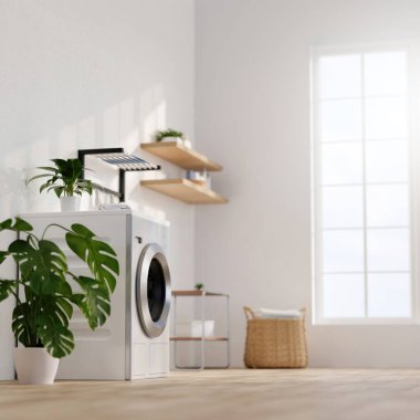 Sürdürülebilir ve modern iç mekanlardaki eğilimleri vurgulayan, doğal ışıkla dolu, şık, çevre bilinci olan bir çamaşırhanenin 3 boyutlu görüntüsü..
