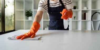 Kendini işine adamış bir temizlikçi, temizlik beziyle mutfak yüzeyini dikkatlice siler..