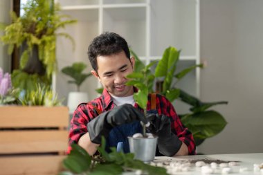 Asyalı bahçıvan gülümserken bir saksıyı dikkatlice düzenlerken, neşe ve bahçe işlerine kendini adamış..