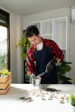 Kot önlüklü Asyalı bahçıvan bir saksının etrafına çakıl taşlarını titizlikle yerleştiriyor. Detaylara ve bitki bakımına dikkat çekiyor..