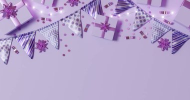 Overhead view of purple-themed party decor with gifts, bunting flags, and celebratory streamers. clipart