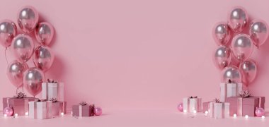 Pembe arka planda parlak balonlar ve çeşitli boyutlarda hediye kutuları olan lüks pembe bir kutlama sahnesi.