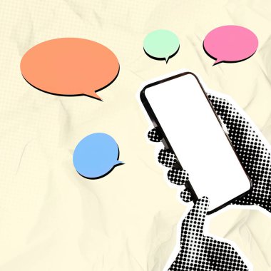 Canlı konuşma baloncukları arasında akıllı telefon kullanan bir kadının modern sosyal etkileşim ve iletişimi temsil ettiğini gösteren renkli bir yarım ton kolajı..