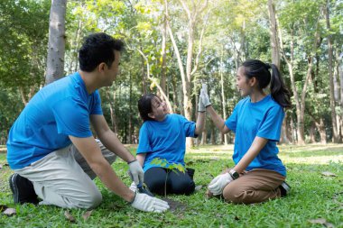 Mavi tişörtlü aile gönüllülerinin genç bir ağacı diktikten sonra kutlama yaptıkları, takım çalışmalarını ve çevreye bağlılıklarını vurguladıkları iç açıcı bir sahne..