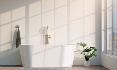 Huzurlu bir spa banyosu. İçinde şık bir jakuzi ve canlı bir bitki var. Rahatlama ve iç tasarım projeleri için mükemmel..