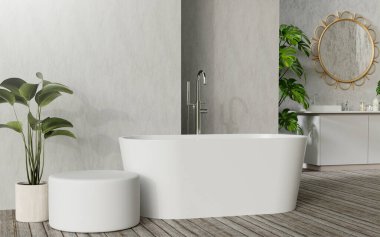 Minimalist serbest jakuzi, şık yuvarlak tabure ve dekoratif dairesel ayna sergilenen çağdaş bir banyo..
