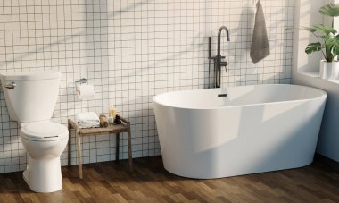 Serbest banyo küveti, fayanslı duvarları ve kırsal ahşap unsurları olan şık bir banyo modern ev dekorasyonu ve yenileme projeleri için ideal..