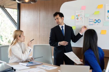 Çağdaş bir ofis ortamında takım çalışmasını teşvik ederken, finansal verileri tartışan ve sunan bireylerin profesyonel bir araya gelmesi.