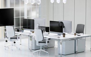 Modern bir ofis çalışma alanı işlevsel mobilyalar ve temiz bir tasarım içeriyor, çağdaş iş projeleri ve iç tasarım ilhamı için mükemmel..