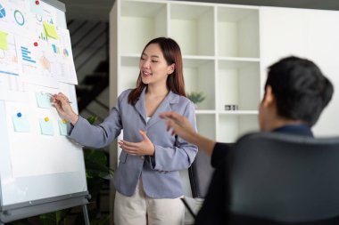 Genç bir profesyonel, fikirlerini güvenli bir şekilde beyaz tahtada sunar ve ekibiyle yapıcı bir diyalog kurar. Sahne etkili liderlik ve işbirliğini vurguluyor.