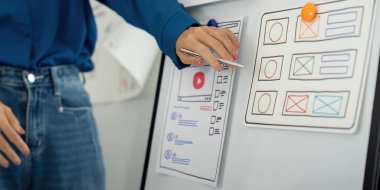 Bir tasarımcı web uygulamaları için kullanıcı arayüzlerini optimize etmeye odaklanarak, beyaz tahta üzerinde detaylı çizimler ve modellemeleri dikkatle inceler ve tartışır.