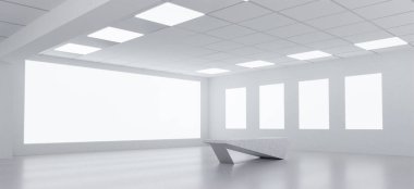 Boş duvar görüntüleriyle geniş bir galeri ve modern tasarım öğeleri, çağdaş sanat sergileri için mükemmel..