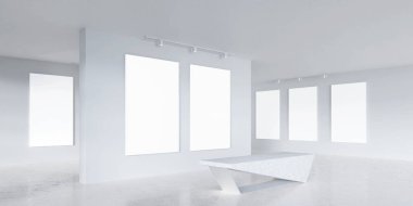Beyaz duvarlarda boş çerçevelerin sergilendiği geniş ve minimalist bir sergi alanı, resim veya fotoğraf sergisi için ideal.