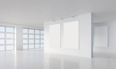Havadar, modern bir ortamda sergilenen sanat eserleri için ideal iki boş beyaz tuvalin yer aldığı geniş bir galeri..