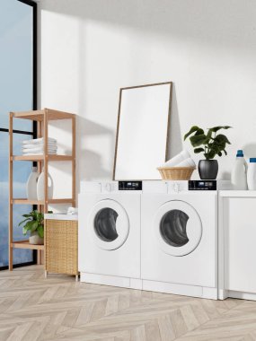 Çağdaş bir çamaşır odasında şık çamaşır makineleri, ahşap raflar ve taze bir atmosfer için yapraklı bitkiler var..