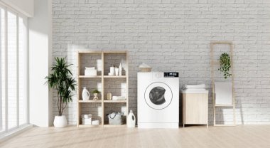Çağdaş bir ev çamaşır odası. Çamaşır makinesi, şık bir dekor ve desenli beyaz bir duvara karşı organizasyonel raflar..
