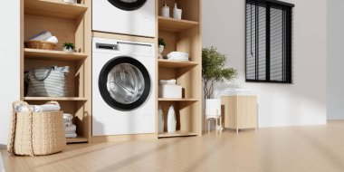 Etkili aletleri ve organize rafları olan, minimalist tasarımı ve işlevselliğini sergileyen zarif bir çamaşır odası..