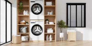 Verimliliği ve stili ön plana çıkaran üst üste yığılmış aletlerin ve organize rafların bulunduğu görsel olarak çekici bir çamaşır odası..