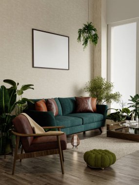 Sürdürülebilir oturma odasında rahat bir kanepe, dekoratif bitkiler ve doğal dekor unsurları sergileniyor, çevre dostu yaşam ve konforu destekliyor..