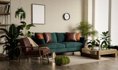 Konforlu bir kanepe, ev bitkileri ve doğal dekor elementlerinin yer aldığı sürdürülebilir bir oturma odası, rahatlatıcı bir iç mekan yaratıyor..