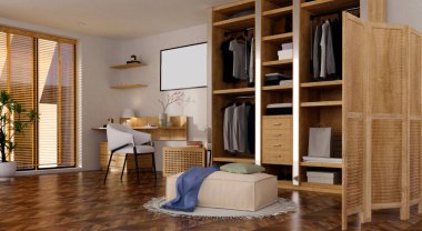 Şık bir masa, düzenli bir dolap ve rahat bir koltuğu olan huzurlu bir sağlık merkezi. Huzurlu bir ortam için doğal materyallerin vurgulanması.