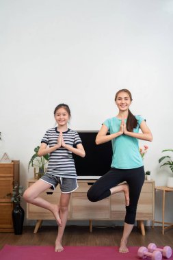 Bir anne ve kız yoga yapar, rahat bir yerde sağlığa olan bağlılıklarını ve bağlantılarını gösterir..