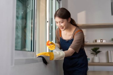 Gülümseyen bir kadın, pencereyi bez ve spreyle temizler. Bu da evde bakım konusunda olumlu bir tavır sergiler..