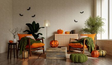 Canlı bir Cadılar Bayramı temalı yaşam alanı kabakları, rahat turuncu sandalyeler ve yeşil aksanlar, festival toplantıları için ideal..