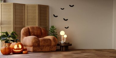 Cadılar Bayramı için tasarlanmış rahat bir köşe. Sıcak tonlarda ve balkabağı ve yarasalar gibi kaprisli dekorasyonlarla neşeli bir tatil ruhunu teşvik ediyor..