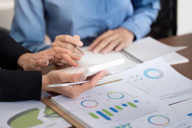 Mali danışman ve müvekkil, mesleki bir ortamda mali belge ve stratejileri inceleyerek, işbirlikçi bir tartışmaya girişir..