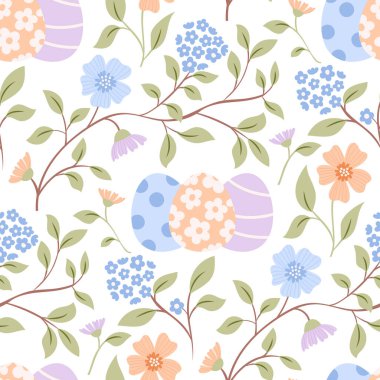 Paskalya yumurtaları ve çiçeklerle kusursuz bir desen. Bahar yinelenen arkaplan