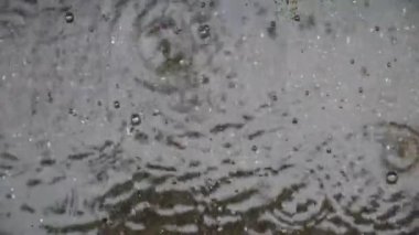 Kasabada yağmurlu bir yaz günü yağmur damlaları kaldırımdaki su birikintisine düşer.
