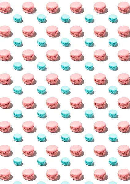 Muster Mit Rosa Und Blauen Macarons Auf Weißem Hintergrund — Stockfoto
