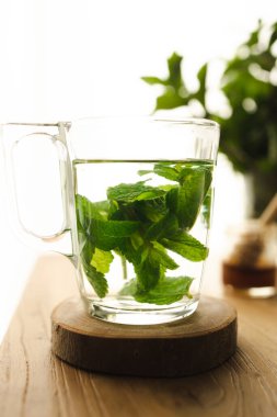 Tea with fresh mint leaves. Mint infusion helps with digestive problems
