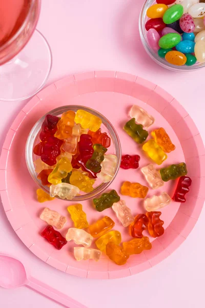 Plate Gummy Bears Jelly Beans Glass Pink Drink Pink Table — Stock Photo, Image