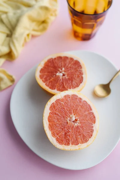 Healthy Breakfast Snack Pink Grapefruit Background Image Pink Orange Tones — Stock Photo, Image