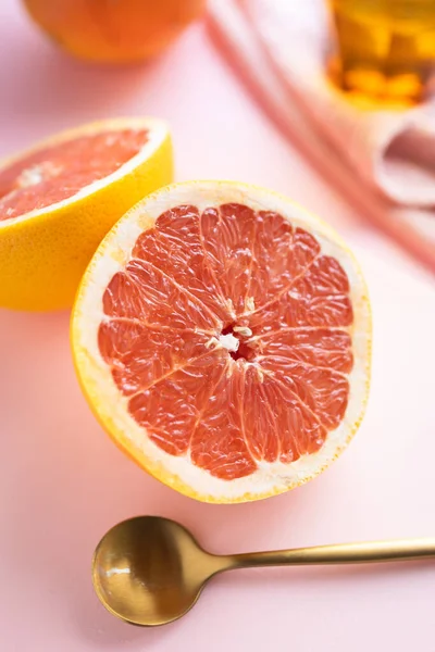 Healthy Breakfast Snack Pink Grapefruit Background Image Pink Orange Tones — Stock Photo, Image