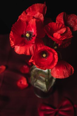 Vazoda koyu bir arka planda duran bir buket taze gelincik.