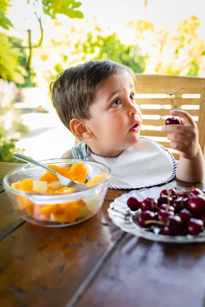 Çocuk bahçede sağlıklı meyve salatası yiyor.