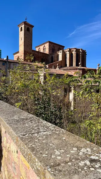 Güneşli bir günde Siguenza 'daki Santa Maria Katedrali' nin yan perspektifi. Guadalajara. İspanya